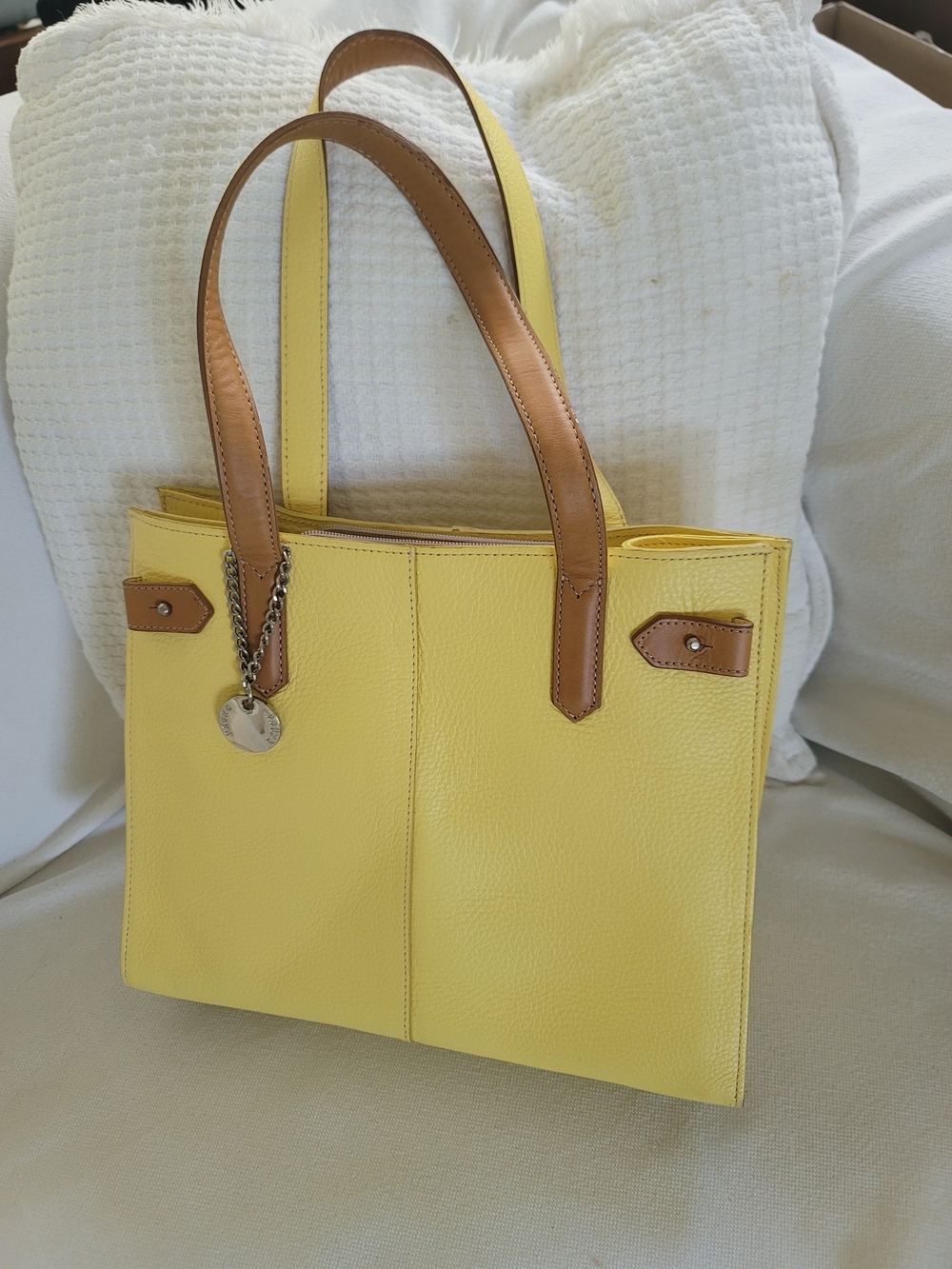 PRUNE, Sunny Yellow Leather Tote with Contrast Brown Handles.New With Bag.